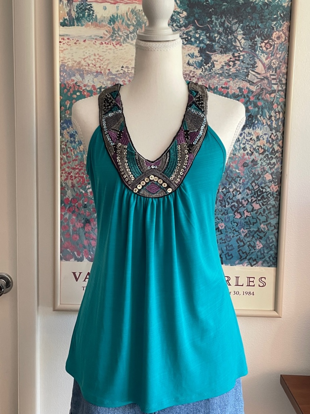 Vintage Y2K Teal Blue Halter Top Large Beaded Sequin Neckline Boho Festival